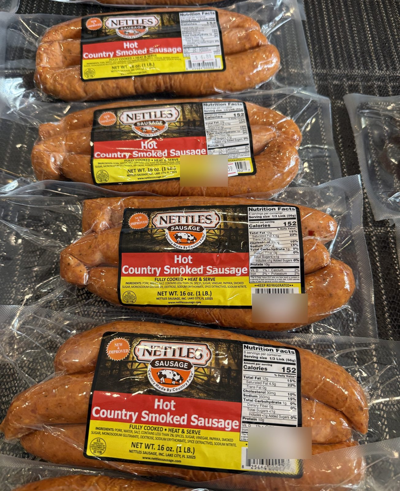Packages of hot country smoked sausage